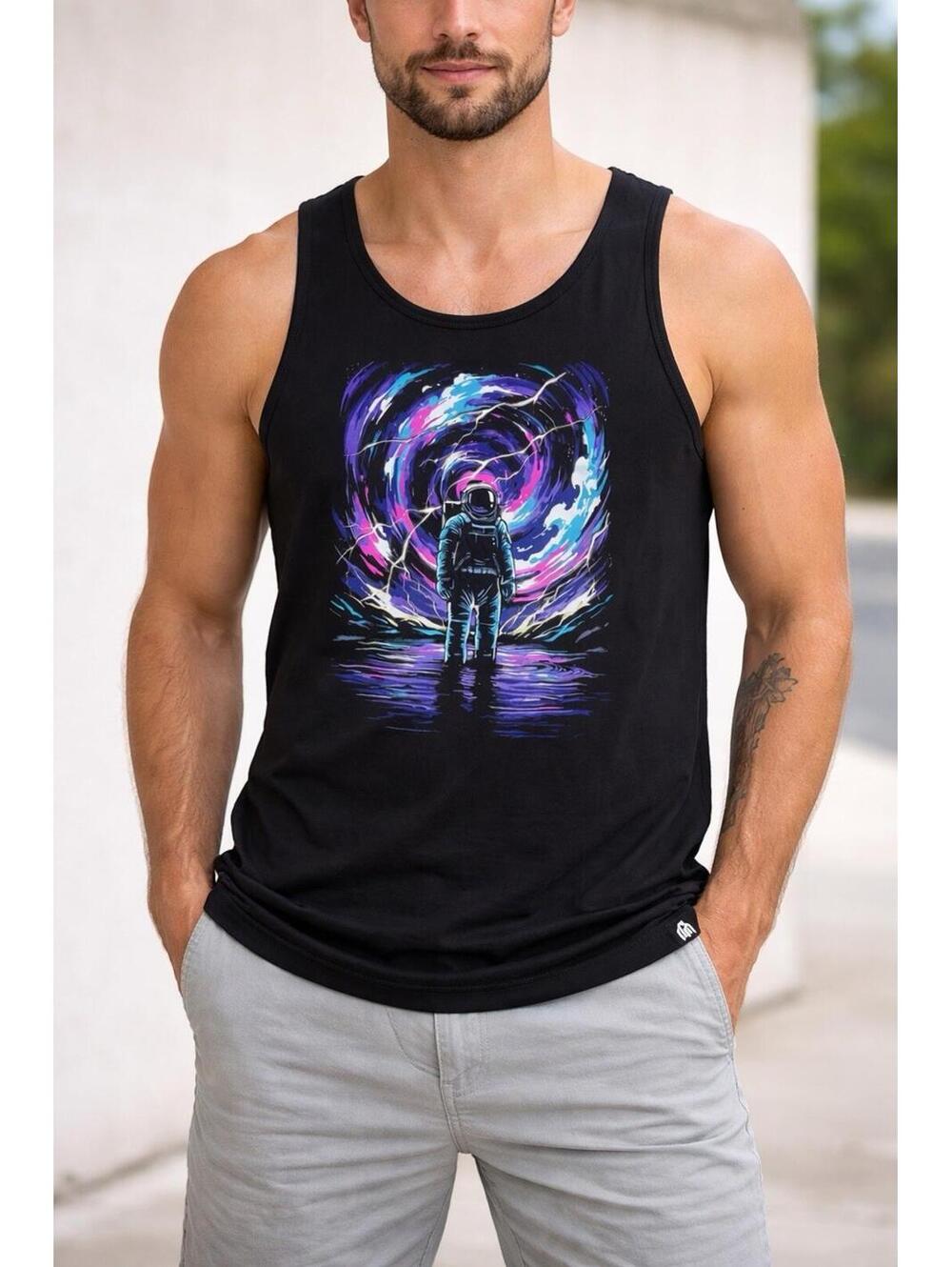 Into the AM Tank Top Mens XL Astronaut Galaxy Graphic Black Sleeveless